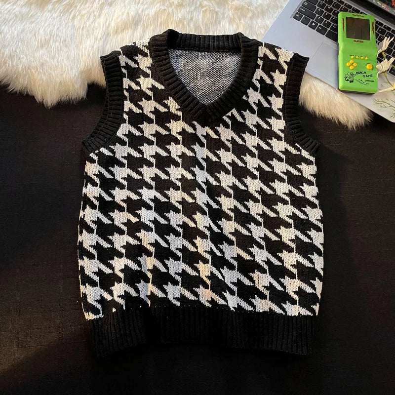 Men Houndstooth Sweater Vests Vintage Sleeveless V-neck Knitwear College Students Couple Loose Outwear Suester Para Hombre Chic