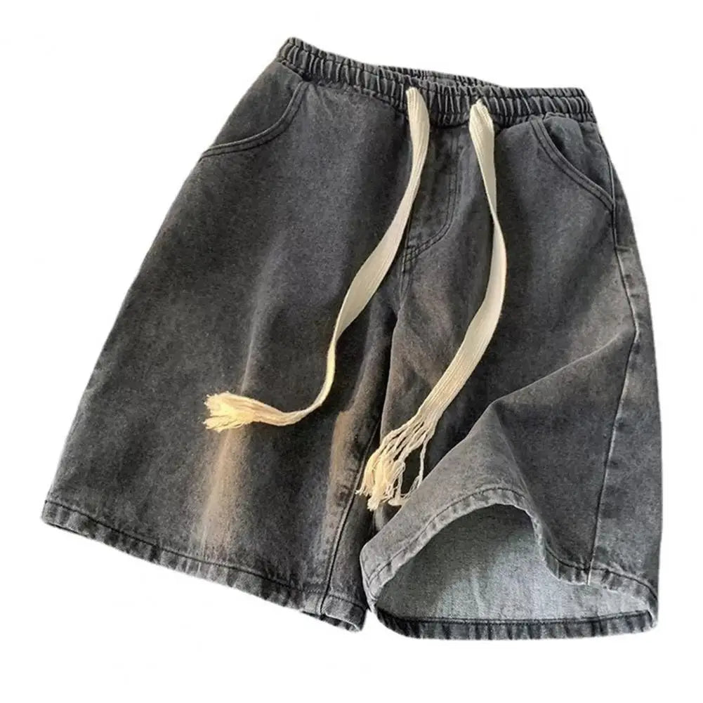 Men Wide-leg Denim Shorts Men's Quick-drying Denim Beach Shorts With Elastic Drawstring Waistband Pockets Summer Wide Leg Shorts