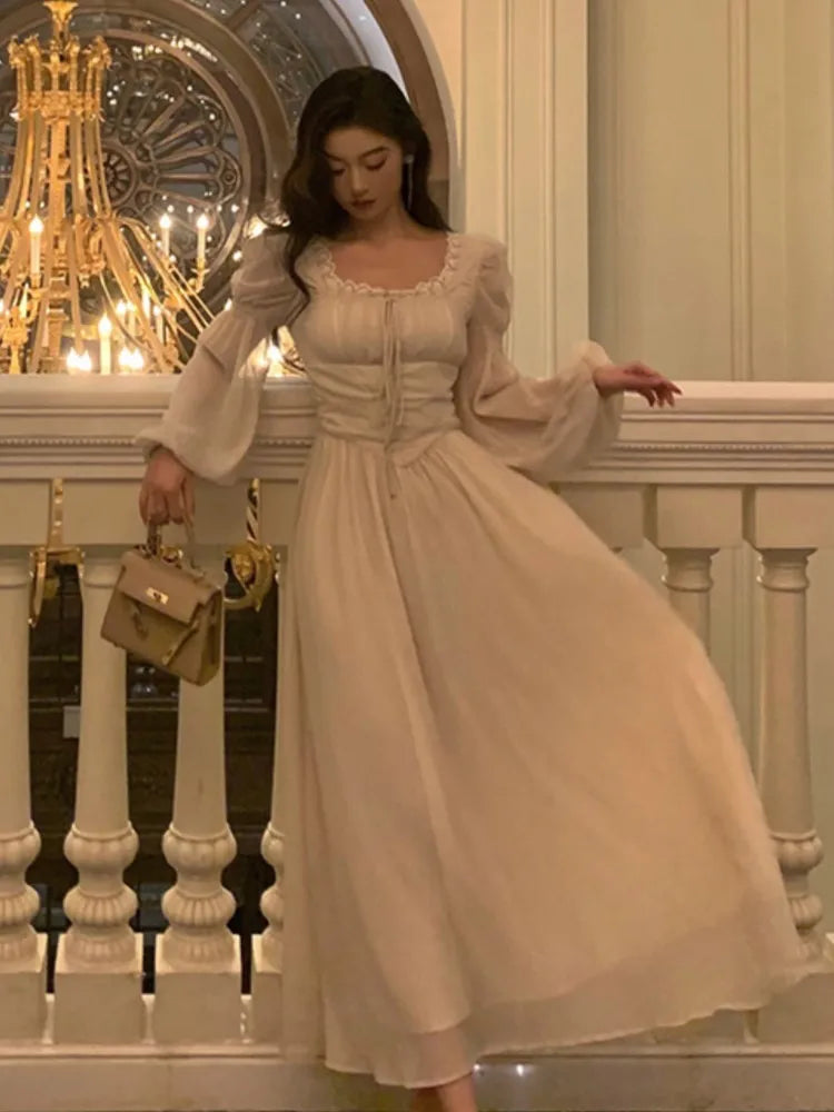 Elegant Square Collar Lace Dress Princess Evening Party Midi Dresses Women Autumn High Waist A-line Prom Robe One Piece Vestidos