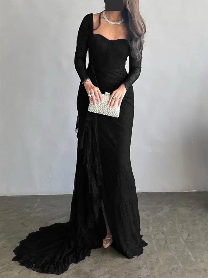 2025 Women's Ruffled Lace Evening Dress Solid Color Square Neck Long Sleeve Skinny Maxi Dress Wrap Hip Party Gowns