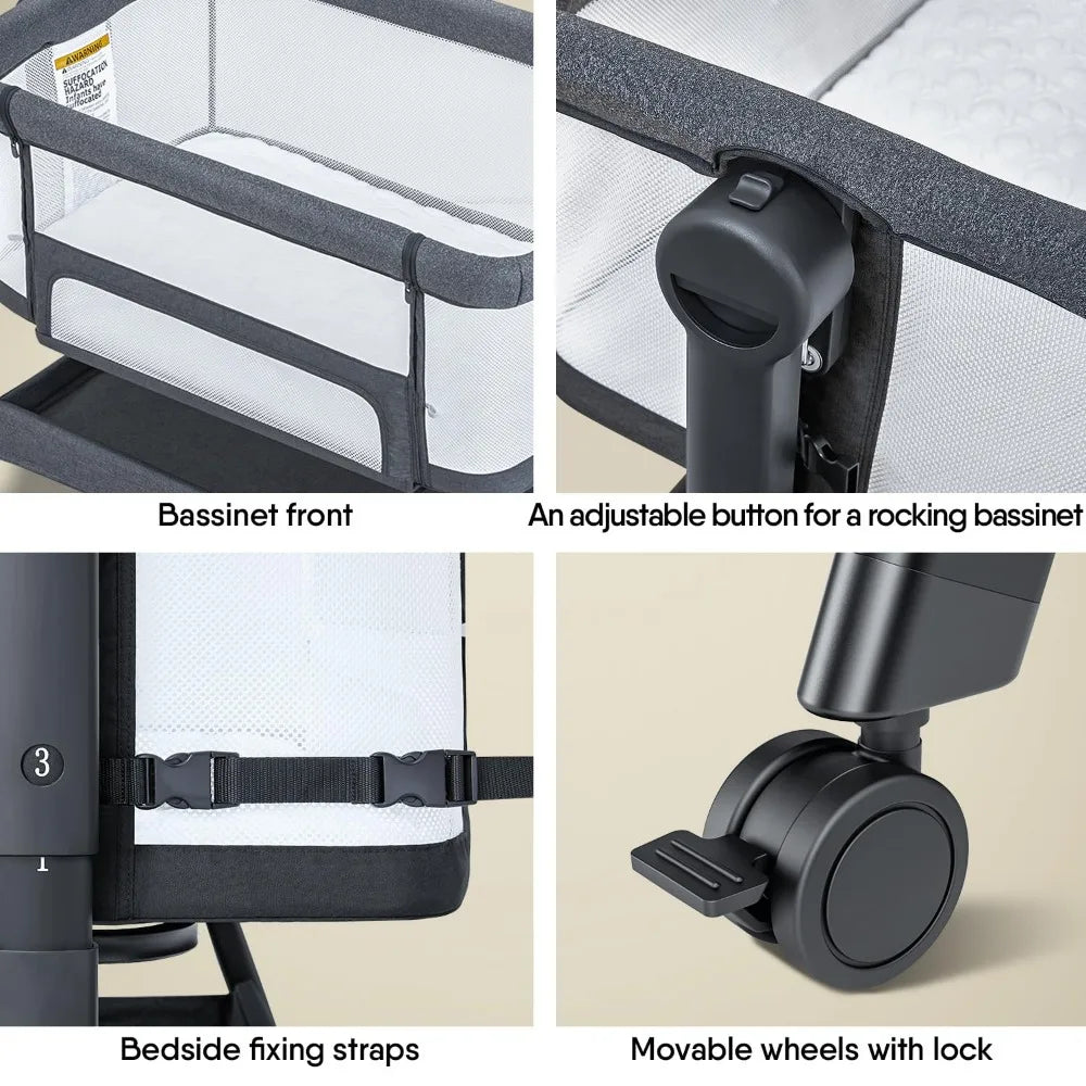 Baby Crib 3-in-1 Bed Sheets, Equipped with Soft Waterproof Mattress, Skin Friendly Breathable Bed Sheets, Bedside Crib