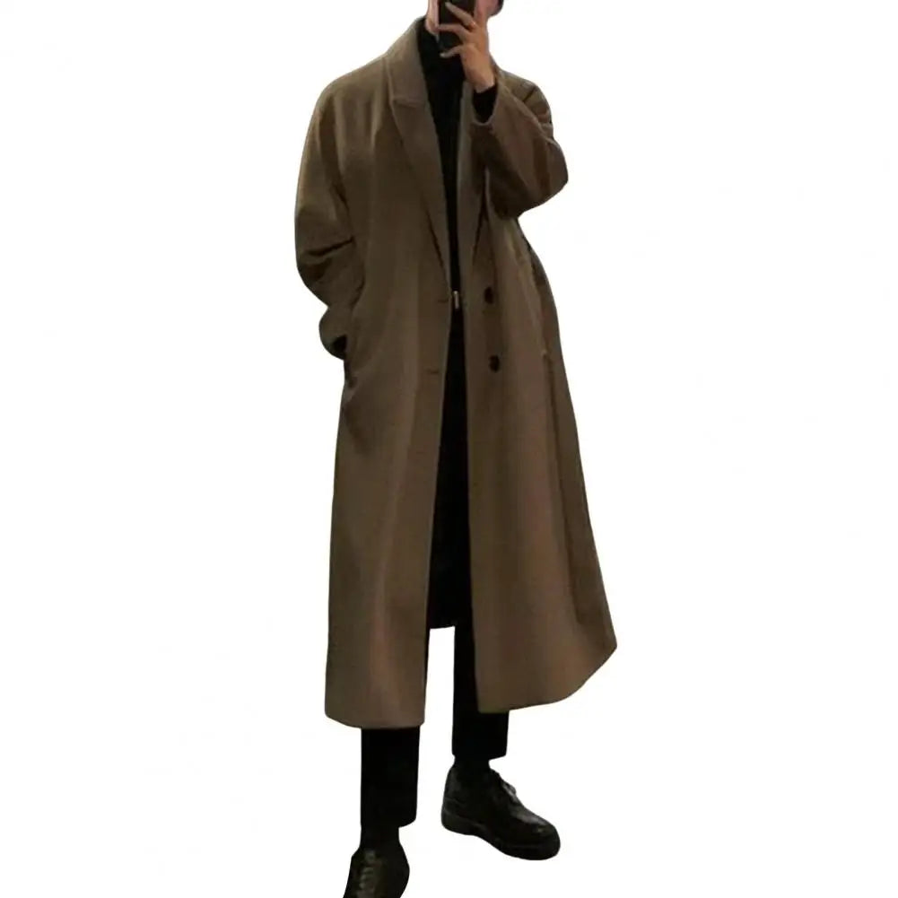 Korean Trend Men's Loose Casual Single-breasted Overcoat Autumn Winter Fashion New Long Sleeve Woolen Long Coat