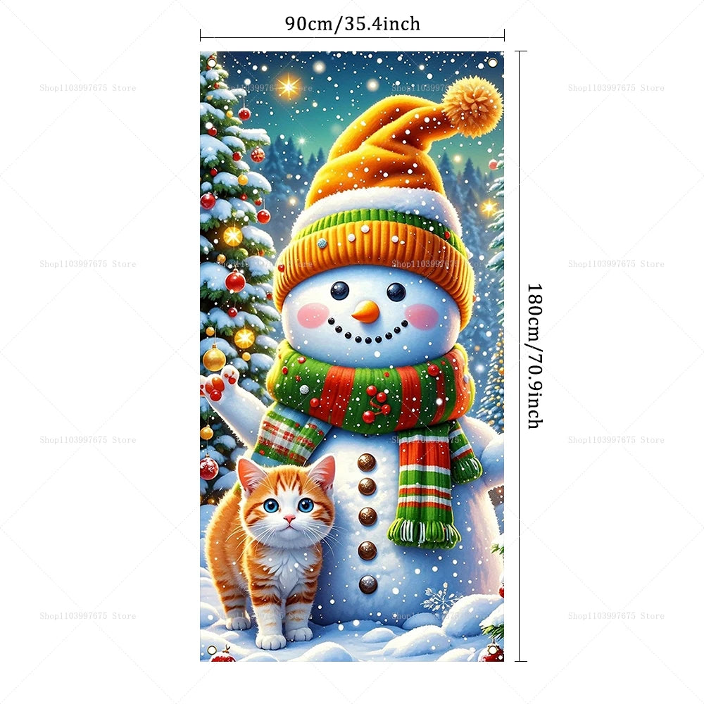 Christmas Decorations Door Cover Banner Cute Snowman Bear Gift Backdrop Xmas Party Indoor Outdoor Background Decor Supplies