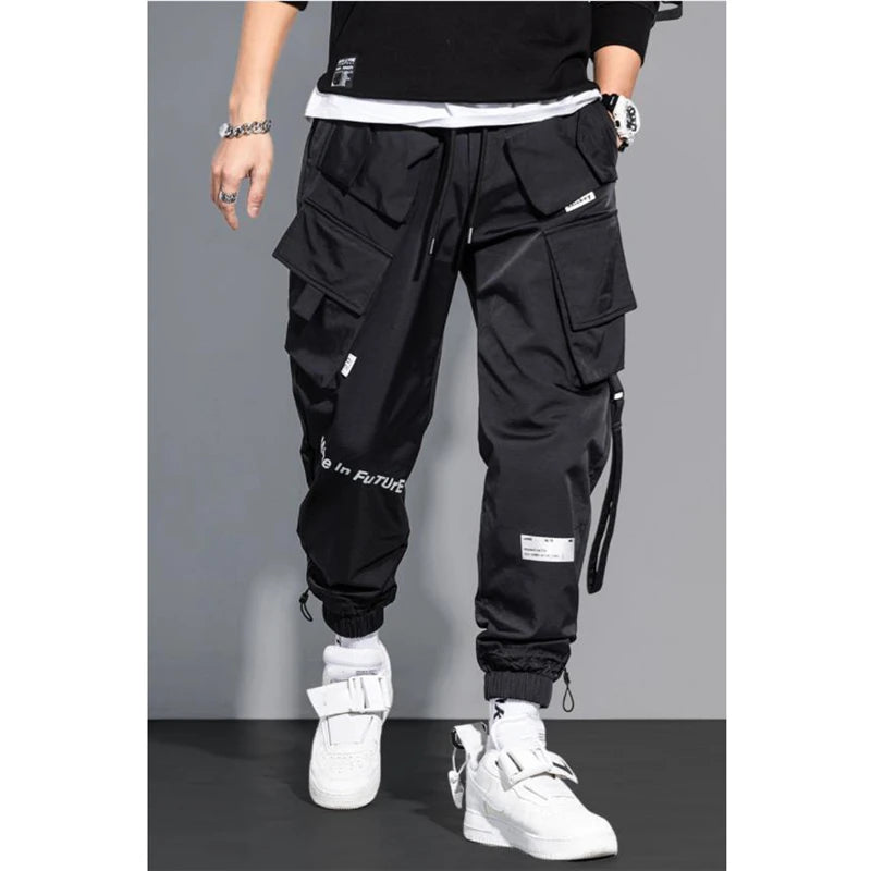 Thin Streetwear Casual Pants Men Ribbons Harem Jogging Pants Male Slim Fit Spring Cargo Pants Multi-Pockets Women Trouser