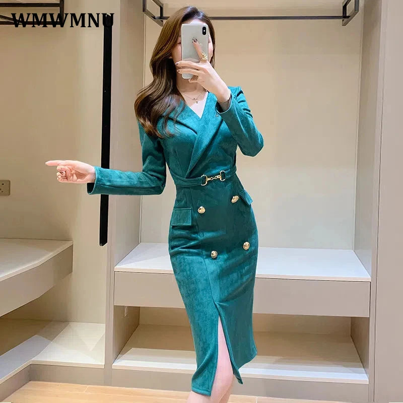Office Lady Sexy Slim Blazer Dress Women Spring Korean Notched Collar Split Evening Party Dresses Elegant Midi Vestido De Fiest