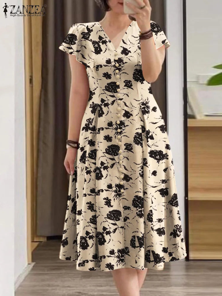 ZANZEA Fashion Floral Print Women Midi Dresses 2025 Summer Ruffle Sleeve V Neck A-line Vestido Casual Cinch Waist Party Sundress