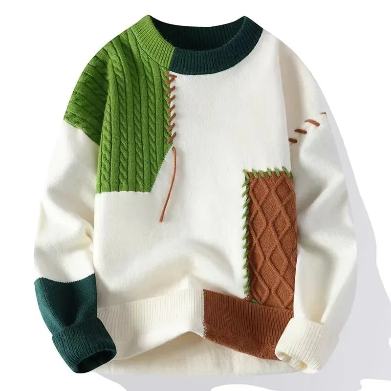 2025 Autumn Winter Men's Sweater Korean Fashion Men Clothing Patchwork Sweater Men Trend Streetwear Pullover O-Neck Sweaters Men
