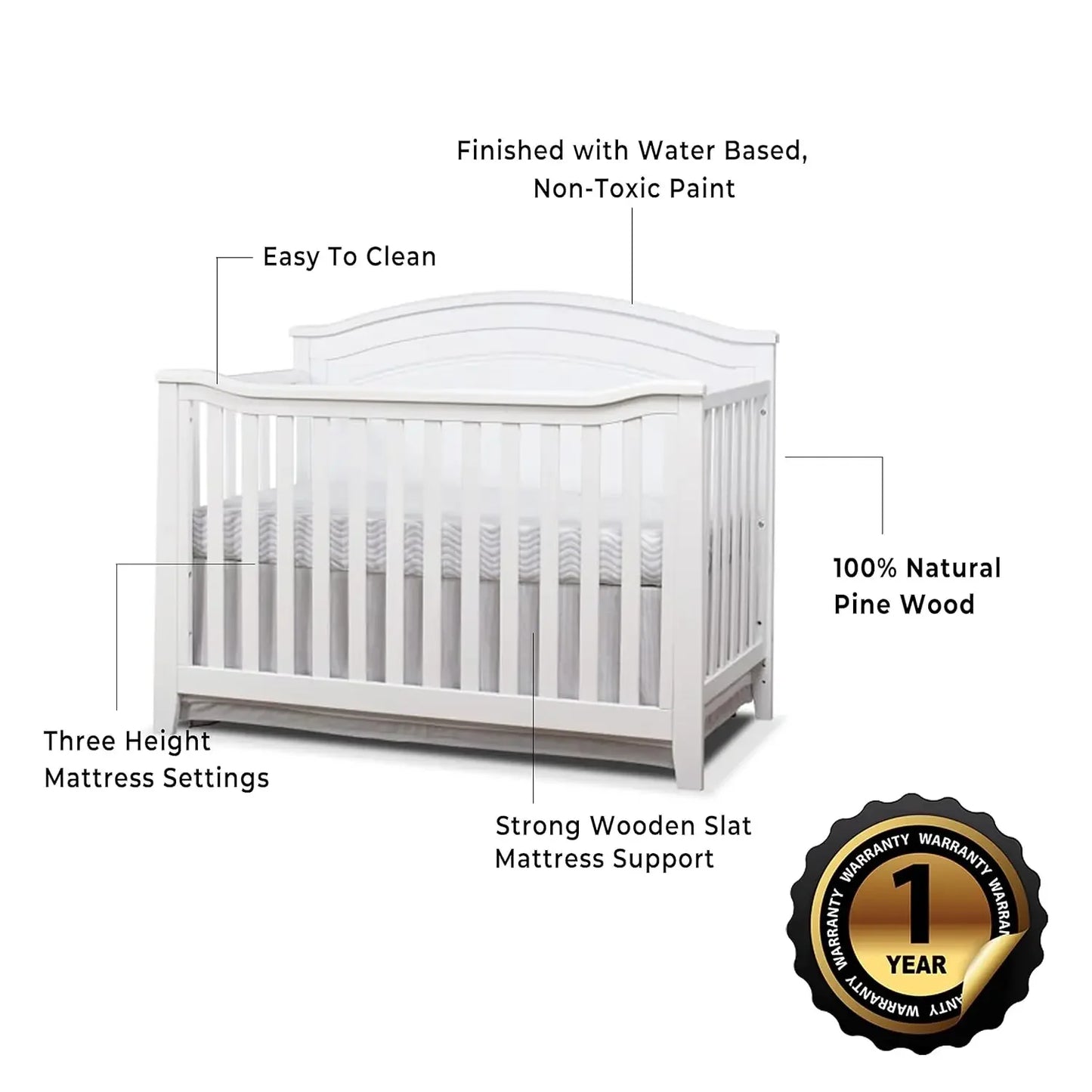 Classic 4-in-1 Convertible Crib, Made of Wood, Non-Toxic Finish, Wooden Baby Bed, Toddler Bed, Child’s Daybed and Full-Size Bed,