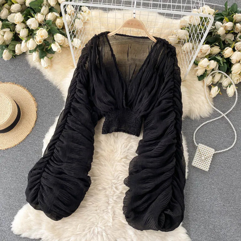 Women Sexy Chiffon Short Blouse Female See Through Super Long Sleeve Purple/Green/Black/White Folds Party Tops 2025 New