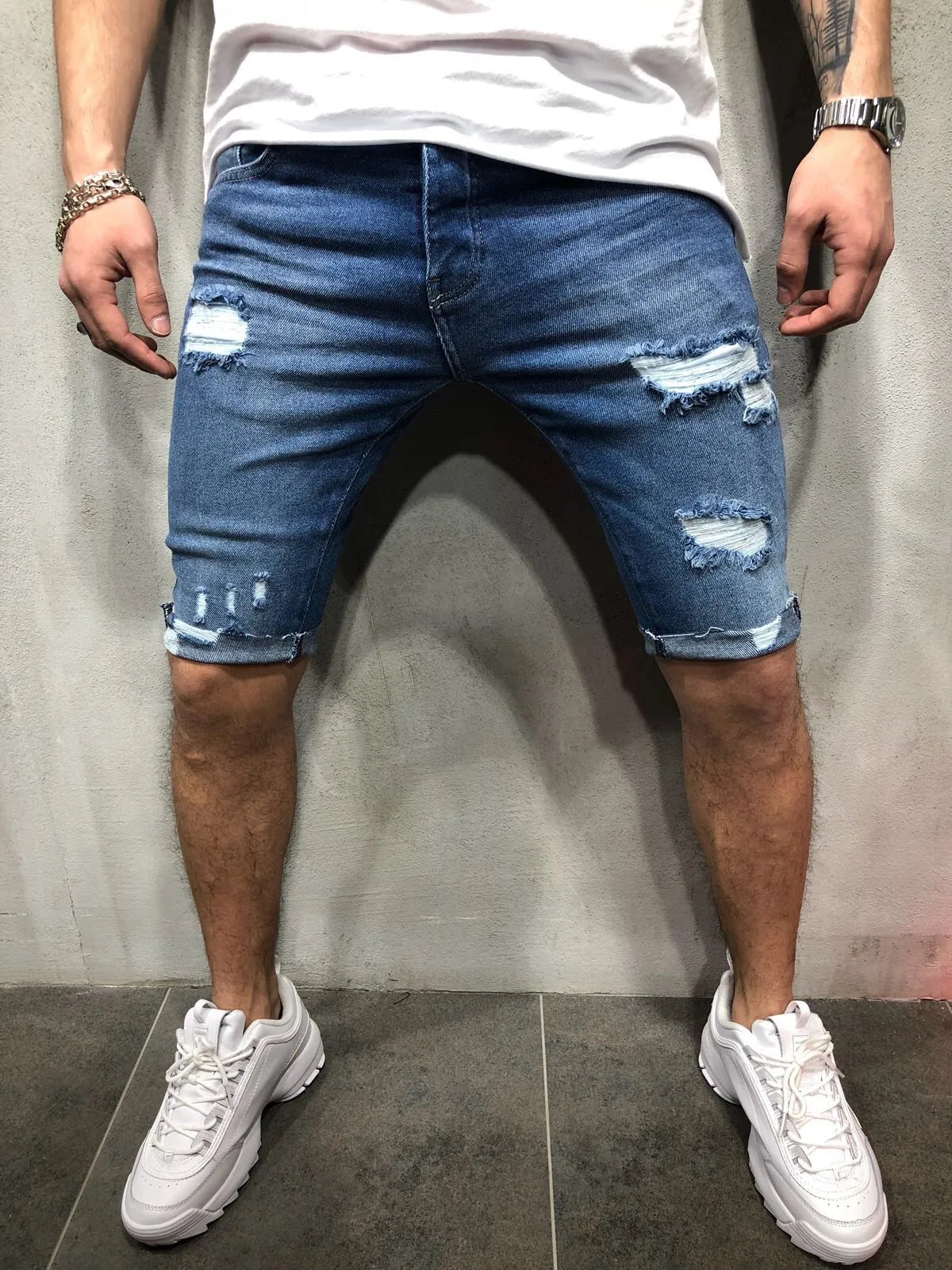 Summer Ripped Jeans Skinny Denim Shorts for Men with Distressed Ripped Cat Whiskers Hip Hop Streetwear Short Pants Men's Pants