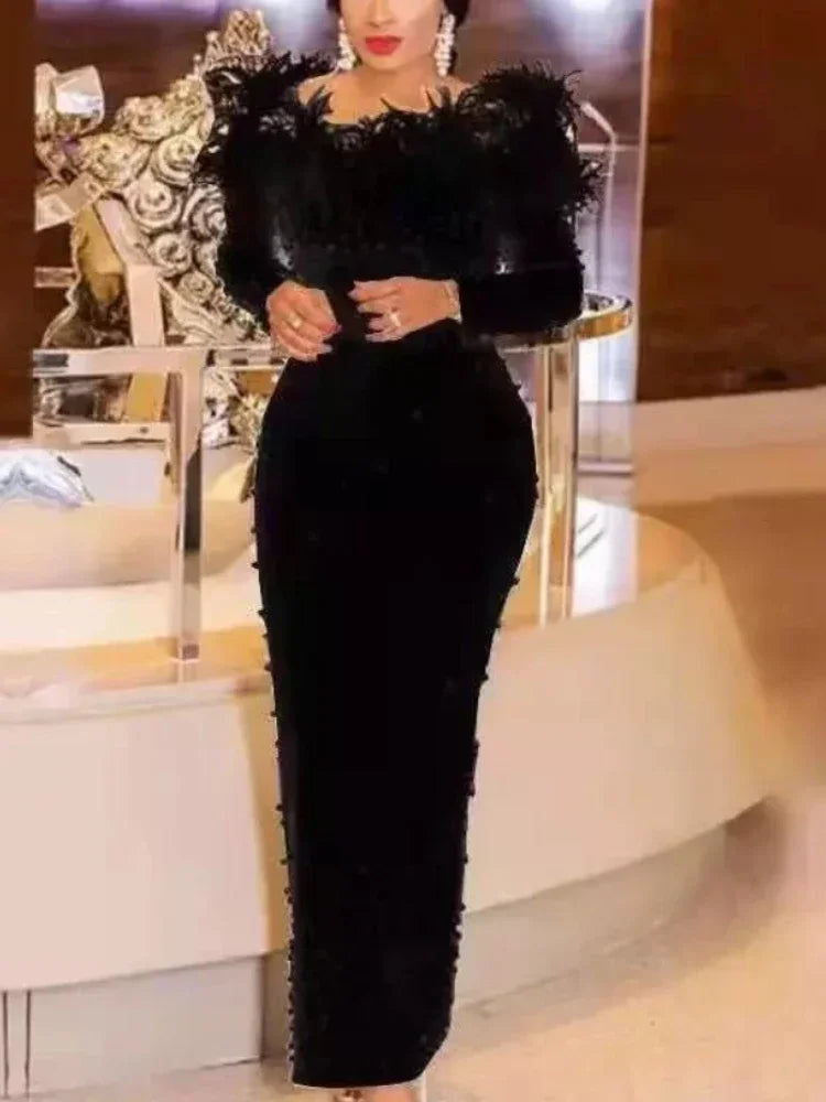 Luxury Feather Beading Party Dress For Women Sexy Off Shoulder Long Sleeve Elegant Bodycon Formal Event Evening Wedding Robes