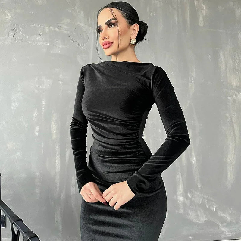 BWQ 2025 Spring Summer Velvet Long Sleeve Midi Dress For Women Ruched Long Dress Elegant Party Clothes Evening Green Outfits