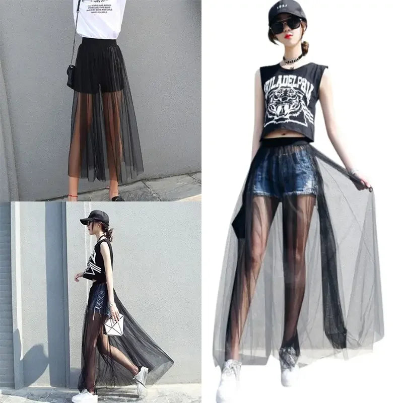 Women's Perspective Mesh Half Skirt Single Layer Long Skirt