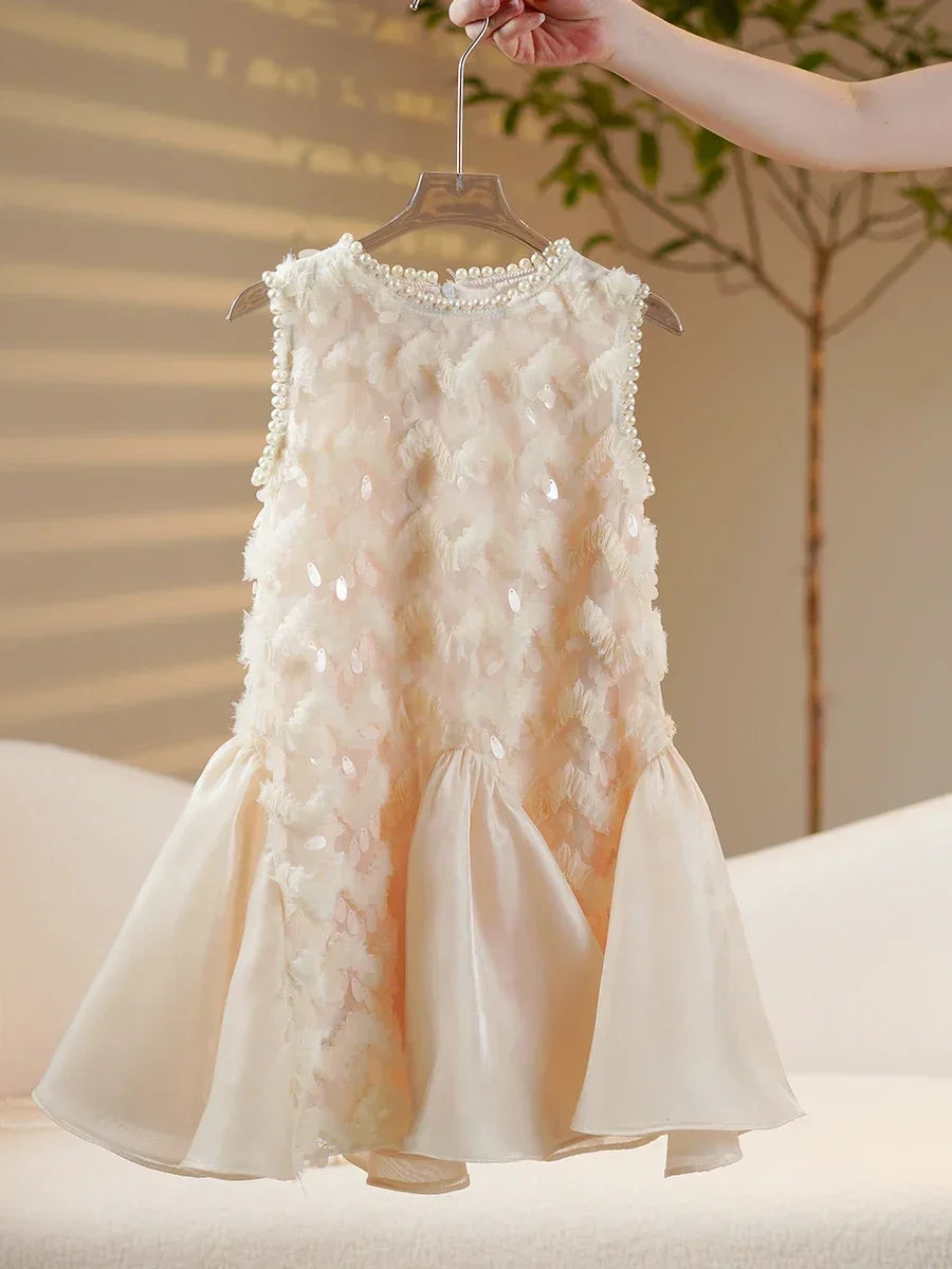 2025 Girls New High-end Dress Costumes Formal Clothes Beige Summer Matching Clothes White Short Sleeves Princess Party Wedding