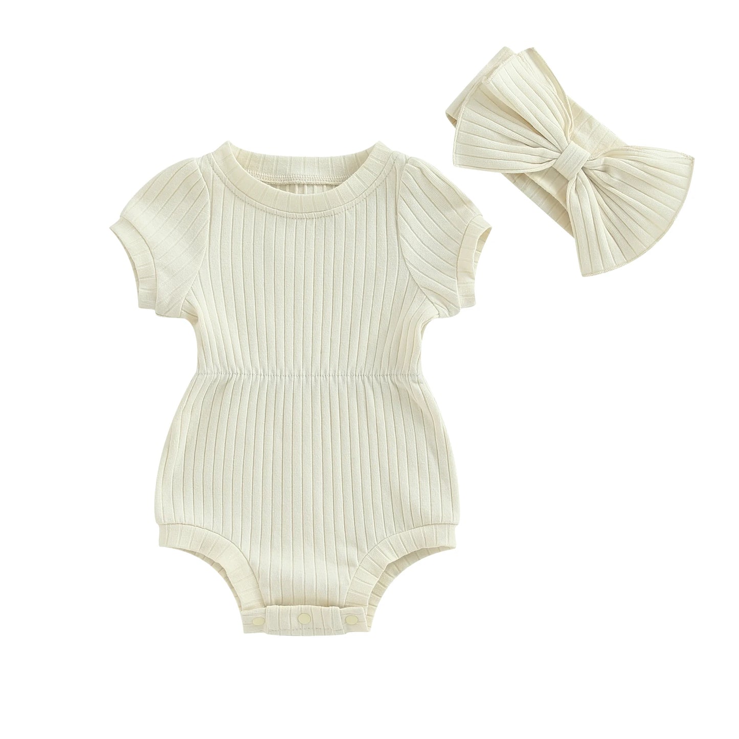 Newborn Baby Girl Clothes Solid Color Ribbed Knit Short Sleeve Romper Bodysuit Jumpsuit with Headband Summer Outfit