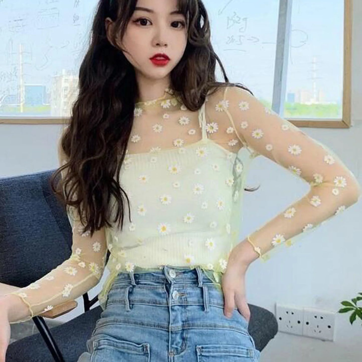 Women Daisy Flower Print Mesh Tops Long Sleeve Sheer Transparent Fishnet T Shirt Fashion Summer Sunscreen Tee 2025