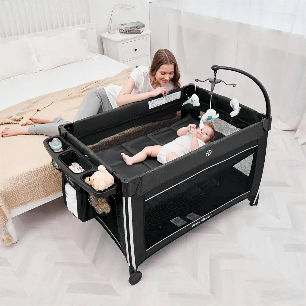 4 in 1 Portable Baby Crib Deluxe Nursery Center, Foldable Travel Playard with Bassinet, Mattress, Changing Table for Newborn,