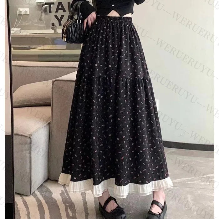 Summer White Floral Long Skirt Womens Y2k Clothes Fashion Elastic High Waist Casual Elegant Spliced Gauze Skirts for Women 2025