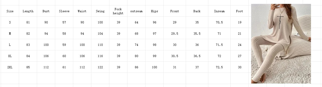 Casual Solid Color Winter Knitted Suit Women Two-Piece Long Sleeve Split Top Slim Fit Pants Autumn Fashion Set