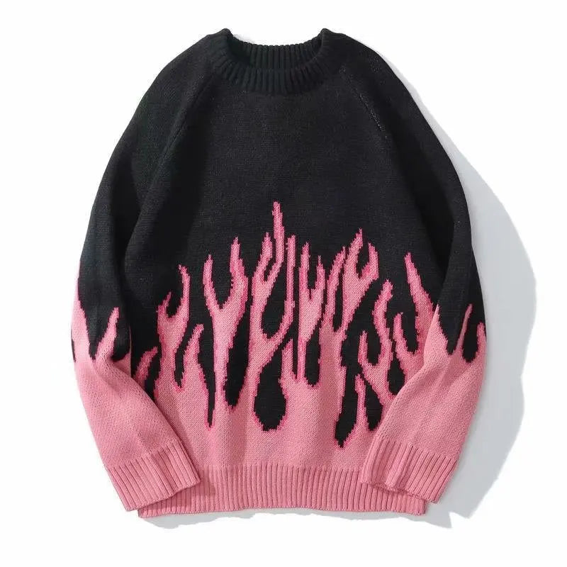 Hip Hop Mens Streetwear Harajuku Knitted Sweater Blue Fire Flame 2025 Autumn Sweater Pullover Loose HipHop Retro Vintage
