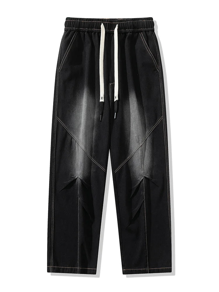 Big Size Men's Jeans 8XL 7XL 6XL String Banding Wide Leg Straight Denim Pants Washed Cotton Casual Baggy Jean Trousers Male