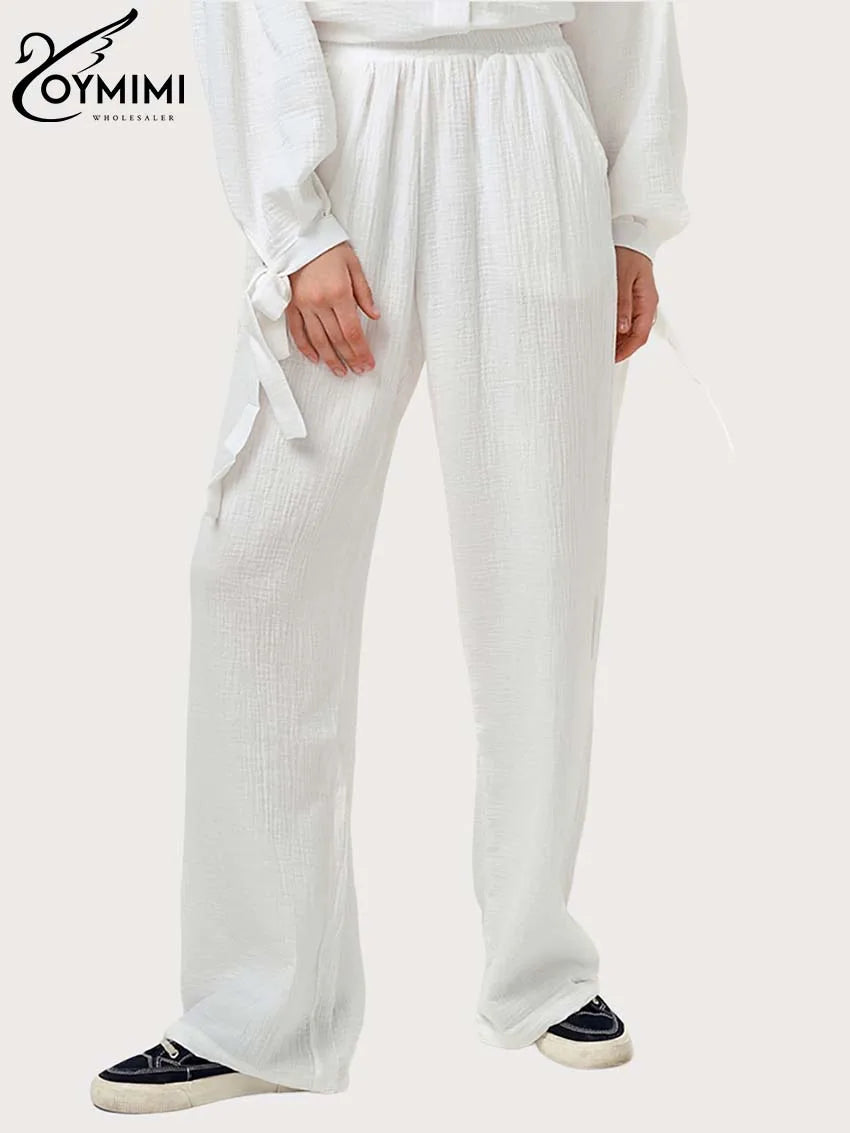 Oymimi Fashion Brown Print Two Piece Set For Women Elegant V-Neck Long Sleeve Lace-Up Shirts And Straight Full Length Pants Sets