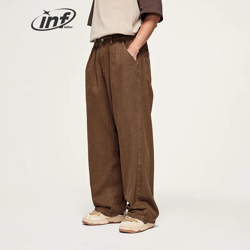 INFLATION Brown Retro Washed Denim Pants Unisex Classic Straight Leg Jeans Male Trouser Plus Size