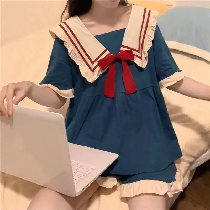 Pajamas Two-Piece Female Spring and Summer New Short-Sleeved Princess Navy Wind Sweet and Cute Students Cartoon Ladies Home wear