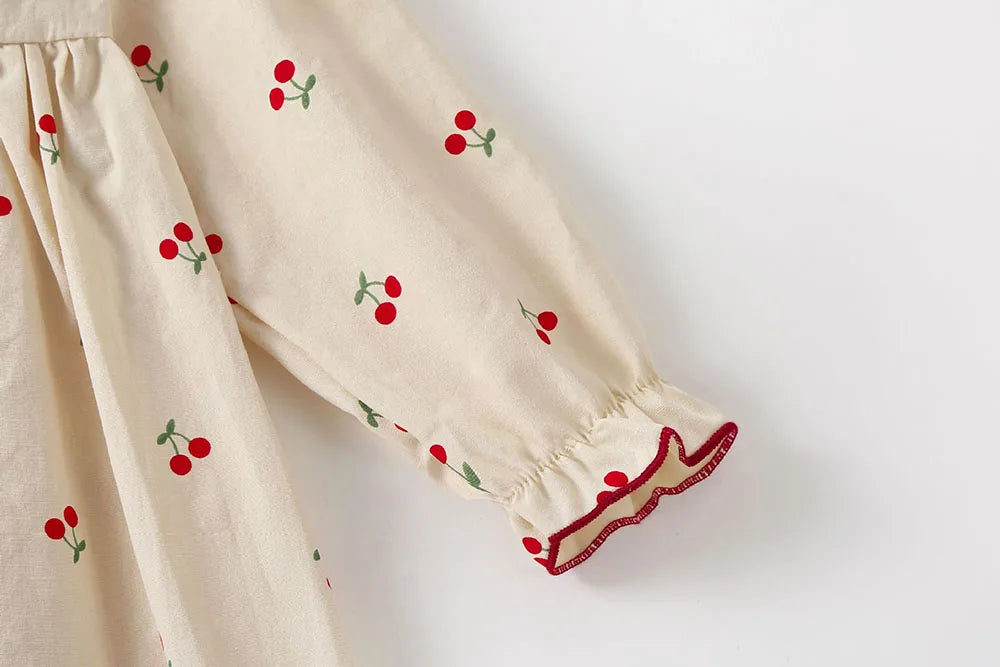 0-2Y Baby Girls Clothes Full Of Cherry Print Baby Dress Long Sleeve Cherry Dresses Ranched Dress with Hat