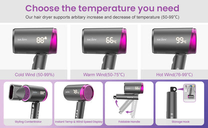 SEJOY Ionic Hair Dryers LED Display Anion Technology Portable Lightweight Blow Dryer Airflow Salon