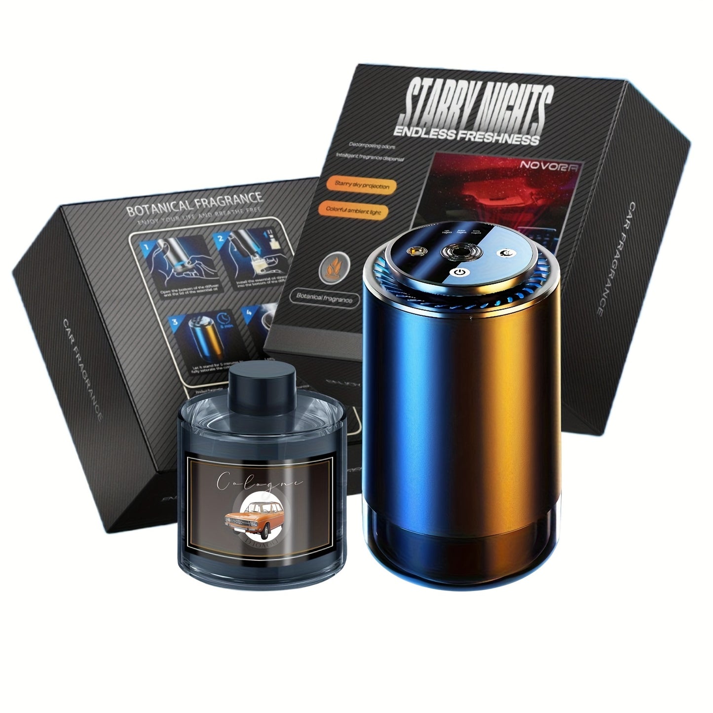 Novora Smart Car Air Freshener, 1.69oz Natural Fragrance Car Scents Air Freshener With Star Projector, 300 Days Long Lasting, Car Essential Oil Diffuser To Remove Smell, Automatic On/Off, Aroma Diffuser For Lover