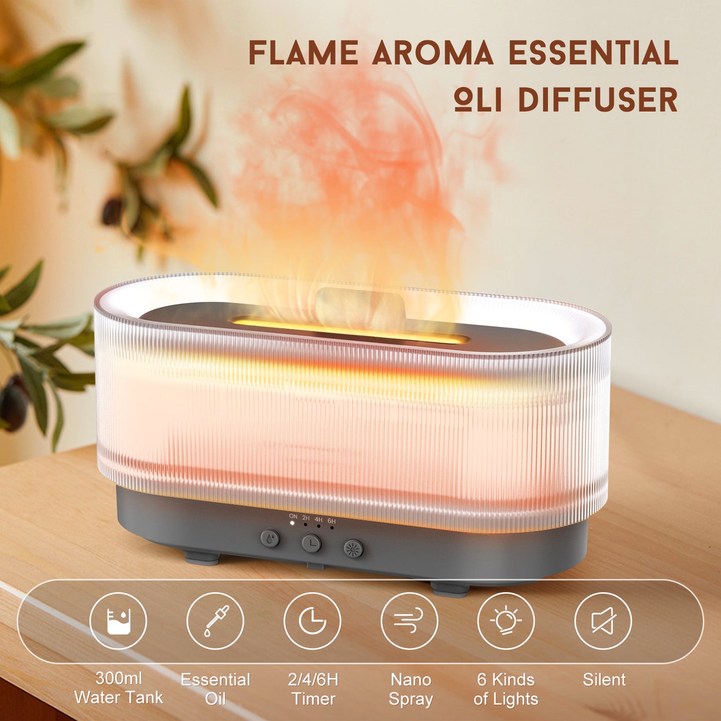 Sejoy Humidifier 300ml 6 Colors Mood Simulation Flame Light Aromatherapy Diffuser Super Quiet Auto Shut-Off Bedrooms Offices Liv