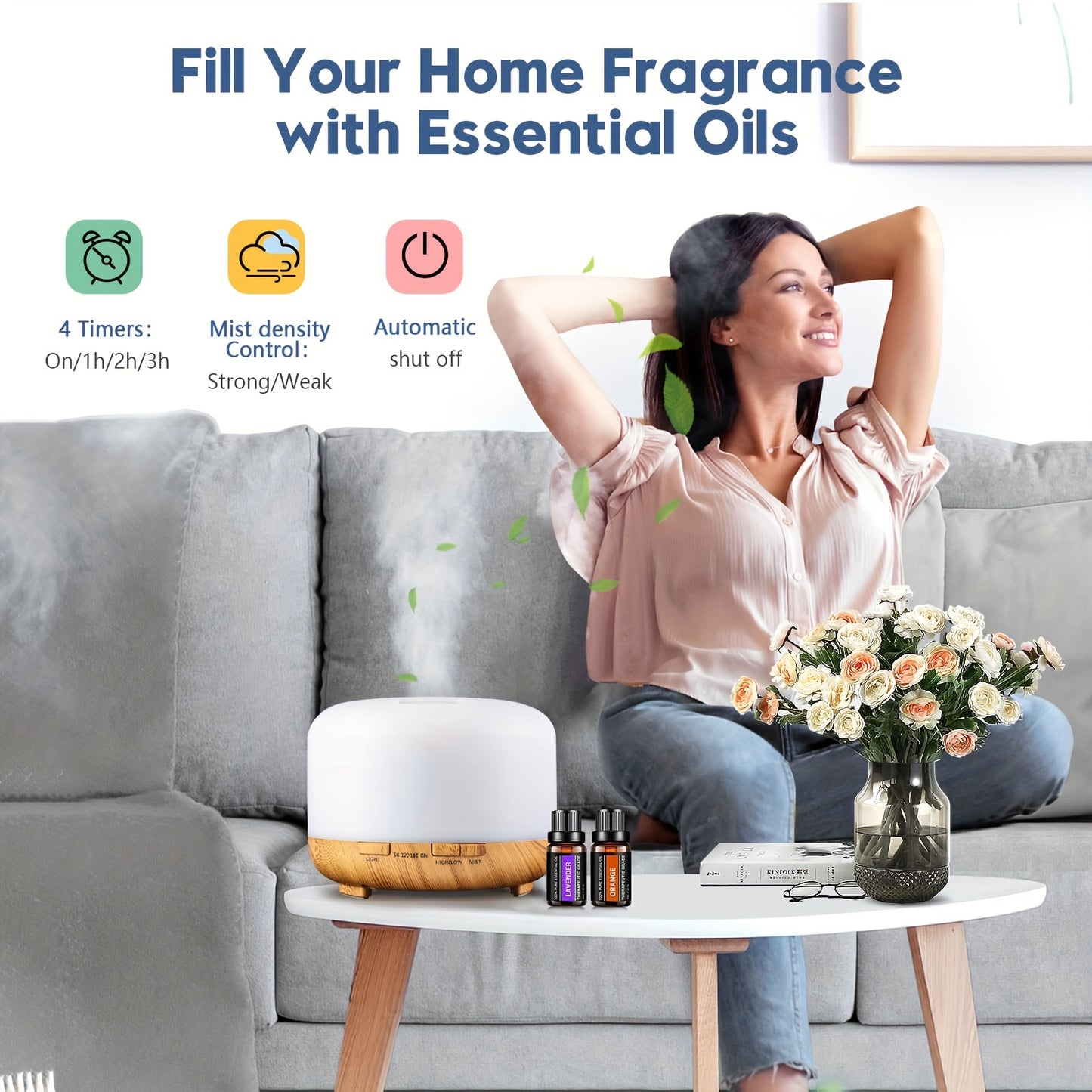 500ML Auto Shut Off Aroma Diffuser With 6 Bottle 10ML Essential Oil Set, Oil Set For Home Office Bedroom