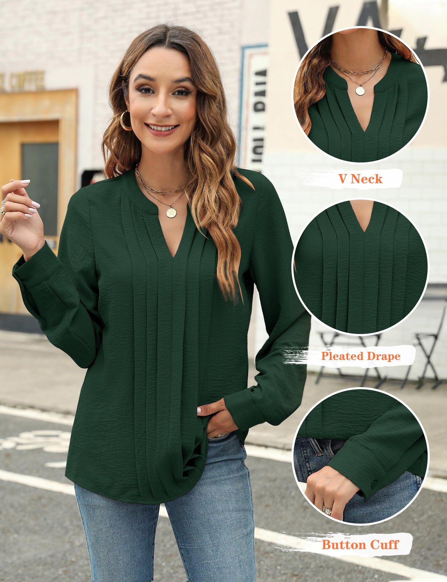 Blooming Jelly Women's Dressy Casual Blouses Business Work Chiffon Tops Trendy Long Sleeve V Neck Pleated Shirts 2024 Fall Outfits (Apricot, Large)