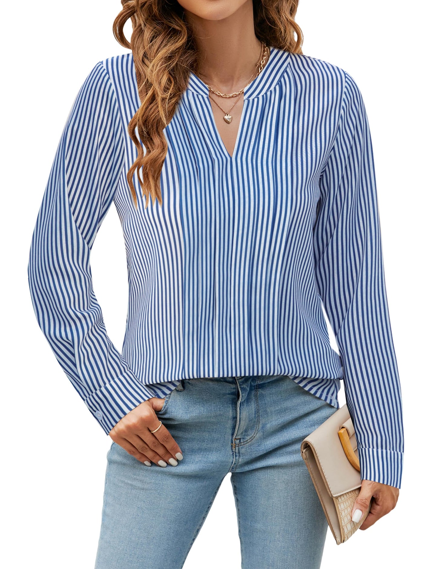 Blooming Jelly Women's Dressy Casual Blouses Business Work Chiffon Tops Trendy Long Sleeve V Neck Pleated Shirts 2024 Fall Outfits (Apricot, Large)