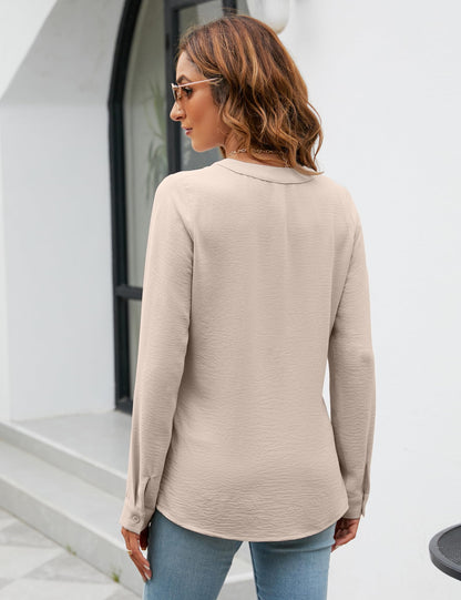 Blooming Jelly Women's Dressy Casual Blouses Business Work Chiffon Tops Trendy Long Sleeve V Neck Pleated Shirts 2024 Fall Outfits (Apricot, Large)