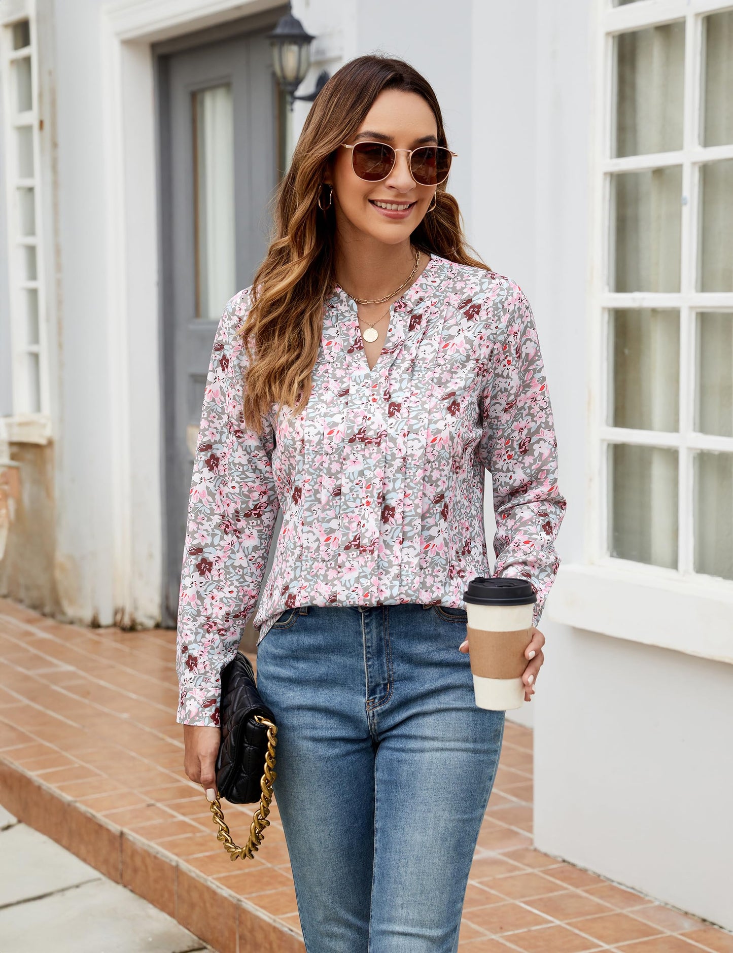 Blooming Jelly Women's Dressy Casual Blouses Business Work Chiffon Tops Trendy Long Sleeve V Neck Pleated Shirts 2024 Fall Outfits (Apricot, Large)