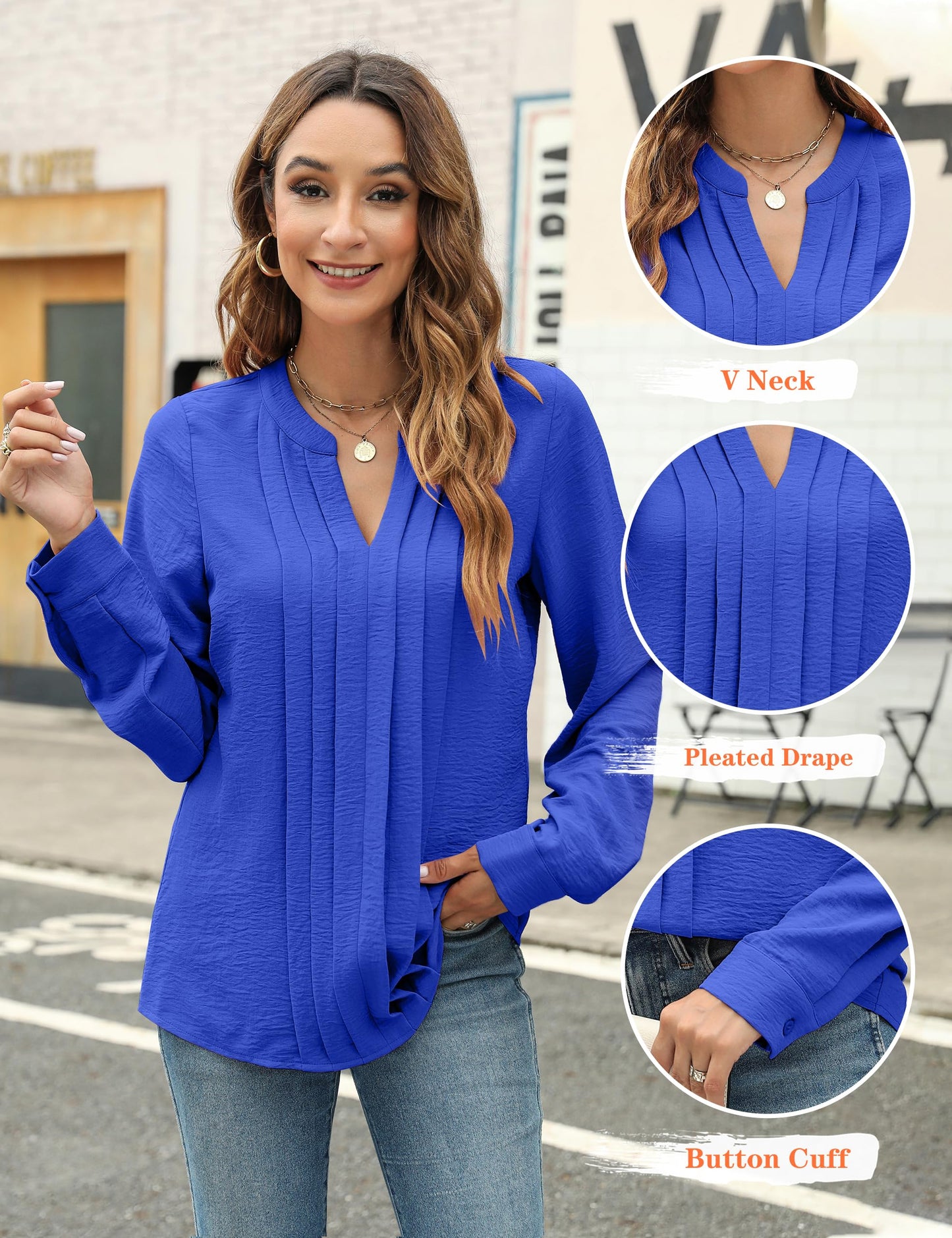 Blooming Jelly Women's Dressy Casual Blouses Business Work Chiffon Tops Trendy Long Sleeve V Neck Pleated Shirts 2024 Fall Outfits (Apricot, Large)