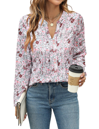 Blooming Jelly Women's Dressy Casual Blouses Business Work Chiffon Tops Trendy Long Sleeve V Neck Pleated Shirts 2024 Fall Outfits (Apricot, Large)