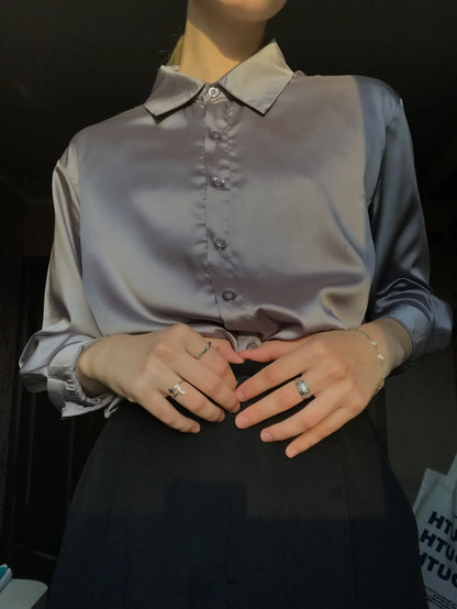 Elegant Satin Loose Women Shirt Spring Turn-down Collar Ladies Blouse Autumn Vintage Casual Button Silk Tops