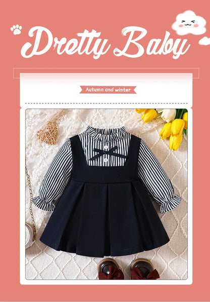 Preppy Style Baby Dress Toddler Girls Round Neck Long-sleeved Patchwork One-piece Children Dress