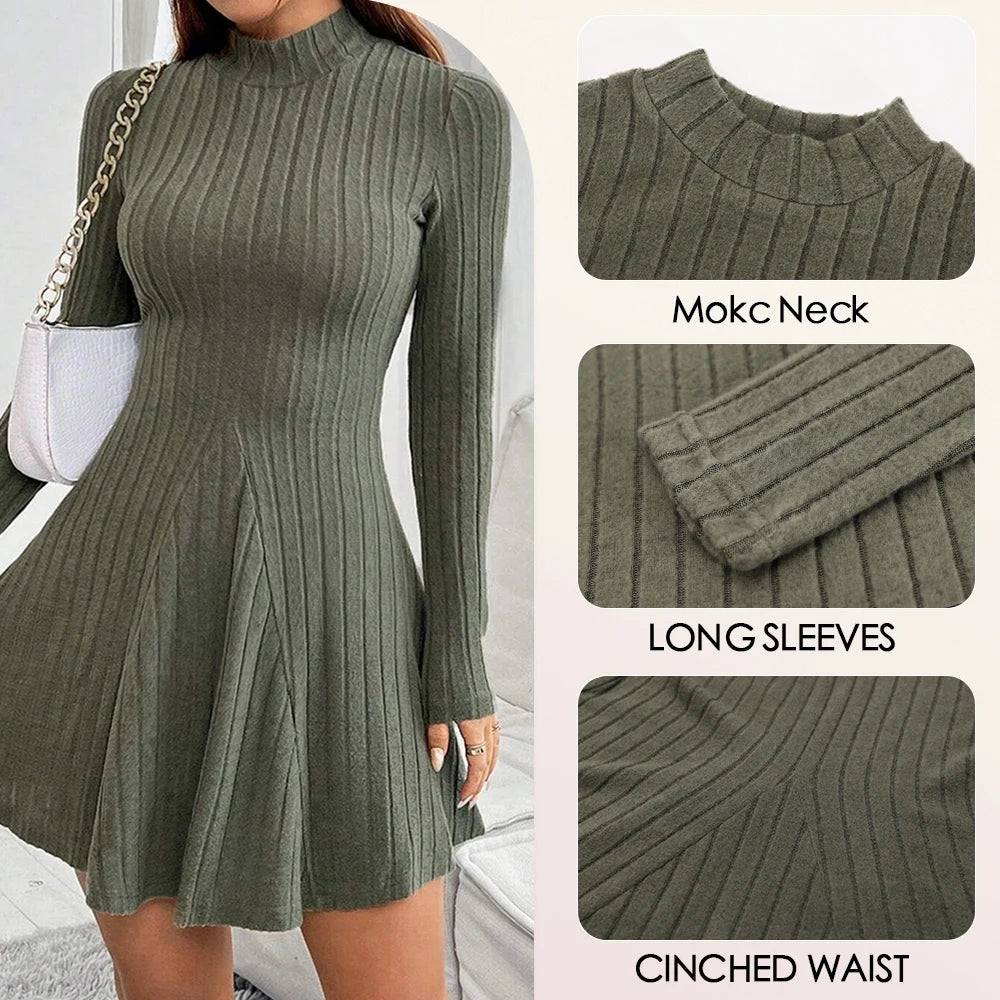 Mia Muse Women's Dress Fall Winter Simple Solid Color Long Sleeve Mock Neck A Line High Waisted Flare Hem Casual Short Dress