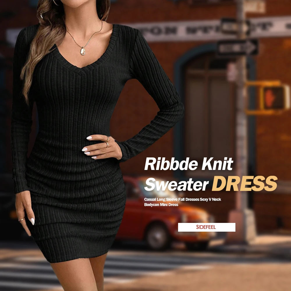 Mia Muse Women's Dresses Fall Winter Ribbed Knitted Slim Plain Sexy V-Neck Bodysuit Mini Casual Long Sleeve Short  Dresses