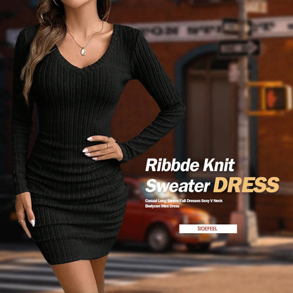 Mia Muse Women's Dresses Fall Winter Ribbed Knitted Slim Plain Sexy V-Neck Bodysuit Mini Casual Long Sleeve Short  Dresses