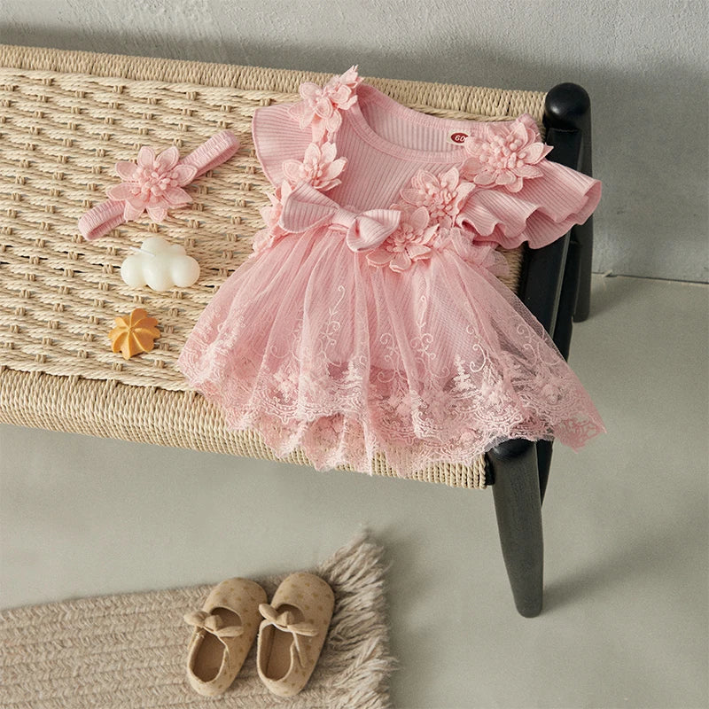 Baby Girl 2 Piece Outfits Mesh Lace Patchwork Ruffle Romper Dress and Headband Cute Fashion Summer Clothes