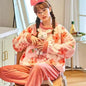 Women's Winter Pajamas Set Fleece Casual Solid Top Thick Warm Sleepwear and Plaid Pants Soft Pijamas Set for Women Home Suit