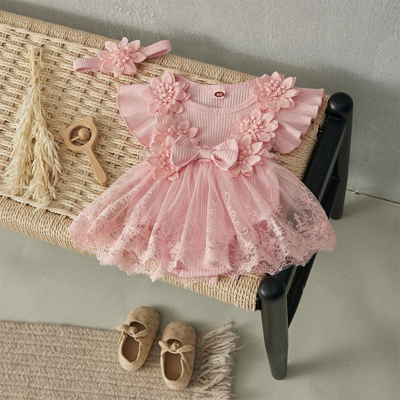 Baby Girl 2 Piece Outfits Mesh Lace Patchwork Ruffle Romper Dress and Headband Cute Fashion Summer Clothes