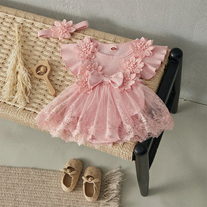 Baby Girl 2 Piece Outfits Mesh Lace Patchwork Ruffle Romper Dress and Headband Cute Fashion Summer Clothes