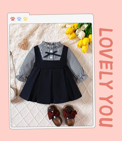 Preppy Style Baby Dress Toddler Girls Round Neck Long-sleeved Patchwork One-piece Children Dress
