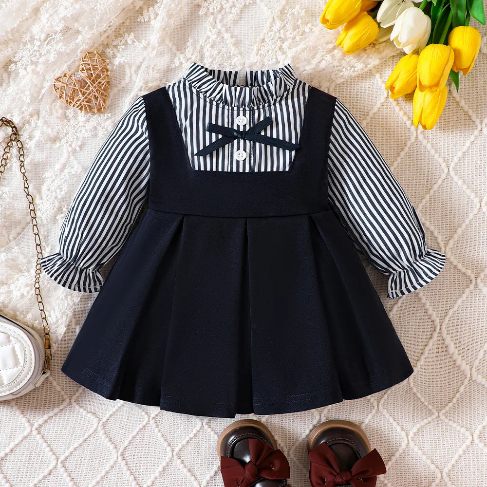 Preppy Style Baby Dress Toddler Girls Round Neck Long-sleeved Patchwork One-piece Children Dress